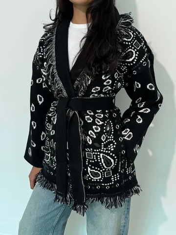 Women Ethnic Style Paisley Print Knitted Cardigan Fringe Tassel Lapel Belted Waist Cardigan Sweater Long Sleeve Top