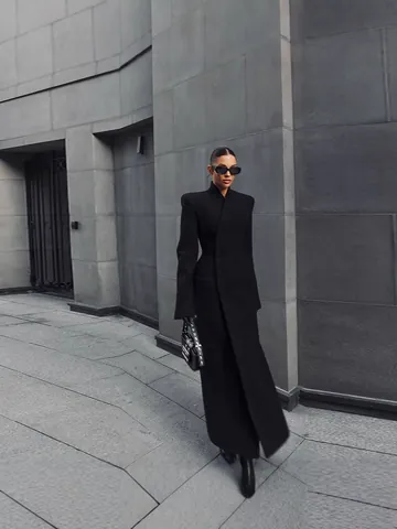 Cappotto Lungo da Donna Elegante in Misto Lana con Spalline e Vita Sottile Stile Boss Lady Cappotto Invernale Caldo