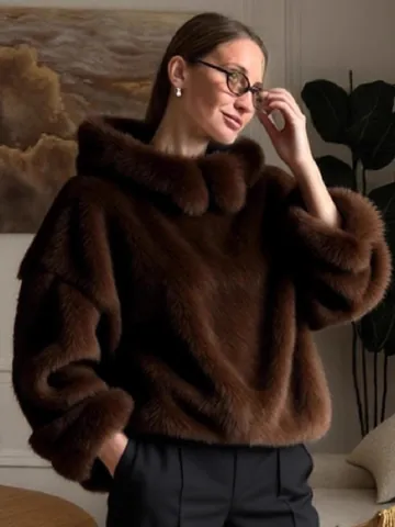 Women Faux Mink Fur Hooded Knit Sweater Thick Warm Lazy Style Loose Fit Solid Color Long Sleeve Pullover Top Deep Brown