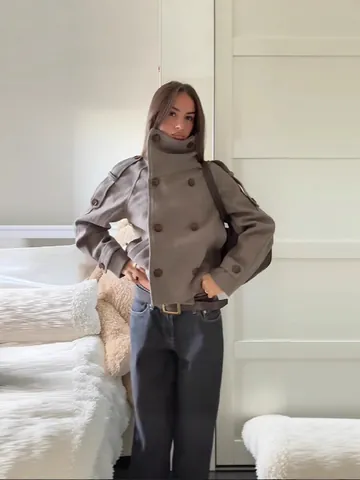 Giacca da Donna in Lana Corta con Collo Rialzato e Doppiopetto Casual Pendolare Soprabito con Spalline per Piccole Donne