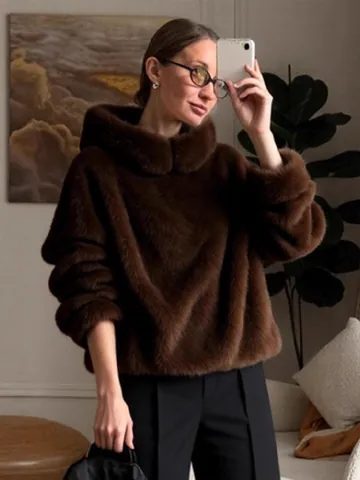 Women Faux Mink Fur Hooded Knit Sweater Thick Warm Lazy Style Loose Fit Solid Color Long Sleeve Pullover Top Deep Brown