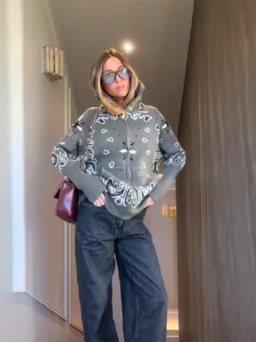 Cárdigan de Punto de Acrílico Estilo Relajado Japonés para Mujer Cuello Alto Cremallera Suéter Manga Larga Estampado Paisley Top
