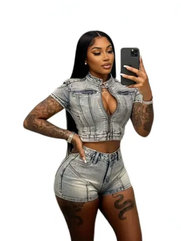 Damen Oberteil Und Unterteil Hohe Elastizität Gewaschener Denim Polyester Kurzarm Reißverschluss Top Und Hohe Taille Shorts Freizeit Set