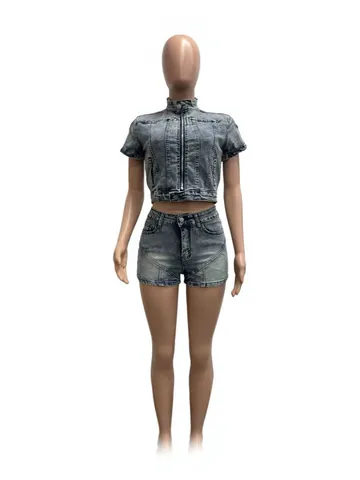 Damen Oberteil Und Unterteil Hohe Elastizität Gewaschener Denim Polyester Kurzarm Reißverschluss Top Und Hohe Taille Shorts Freizeit Set