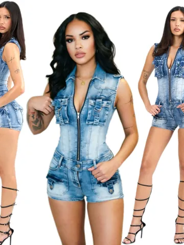 Women Sexy High Stretch Washed Denim Romper Sleeveless Zipper Front Slim Jumpsuit With 3D Pockets Summer Commuter Wear