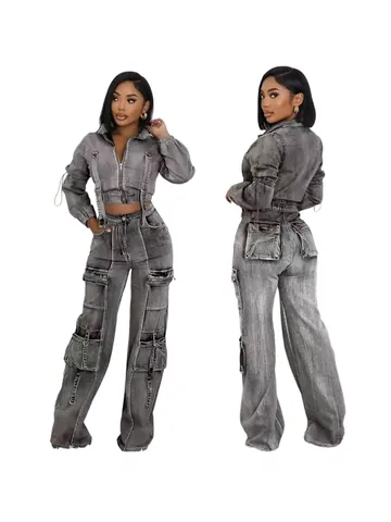 Damen Top And Bottom Mode Gewaschene Denim Jacke Und Cargo Hose Hochelastische Multi Pocket Outfits