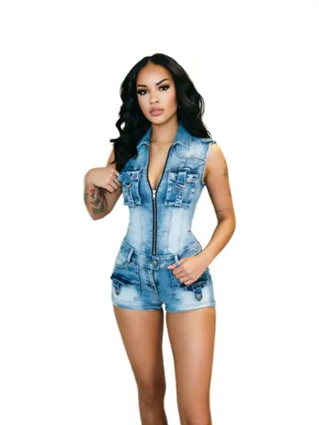 Women Sexy High Stretch Washed Denim Romper Sleeveless Zipper Front Slim Jumpsuit With 3D Pockets Summer Commuter Wear