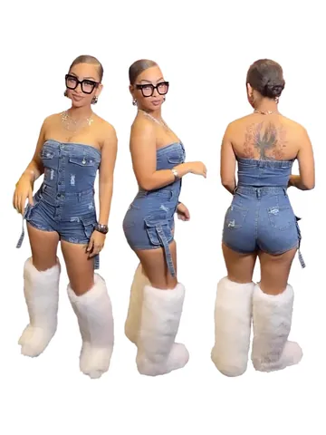 Women Sexy Tube Top High Stretch Cargo Pockets Washed Denim Jumpsuit Bodycon Distressed Romper Sleeveless Slim Fit Blue One Piece Outfit