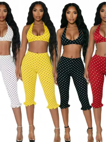 Women Polka Dot Two Piece Set Halter Neck Backless Crop Top And Ruffle Hem Capri Pants Fashion Sexy Urban Casual Summer Outfit