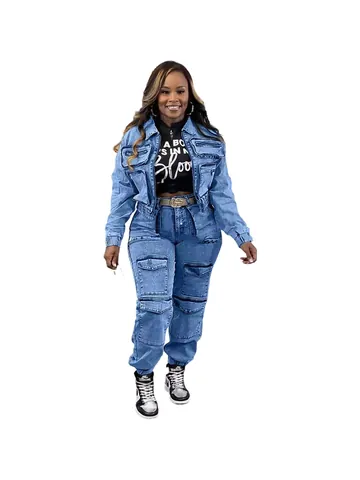 Damen Washed Denim Casual Set Hochelastische Jacke Mit Reißverschluss Und Cargohose Oberteil Und Unterteil Outfit