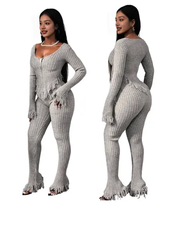 Damen Sexy Strick Fransen Zweiteiler Langarm V-Ausschnitt Reißverschluss Top Und Schlaghose Rippenpullover Set Grau