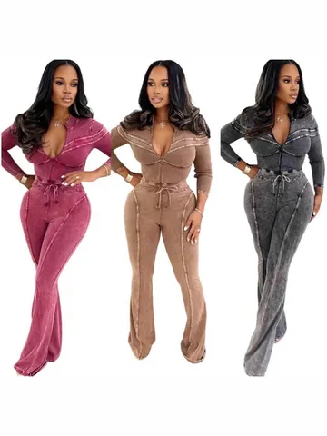 Polyester Damen Casual Sport-Set Acid Wash Distressed Reißverschluss Langarm Oberteil Und Hose Trainingsanzug Passendes Set