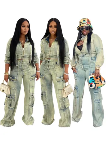 Damen Wash Denim Lässig Set Langarm Reißverschluss Jacke Multi Tasche Cargo Hose Oben Und Unten Outfits Polyester Streetwear