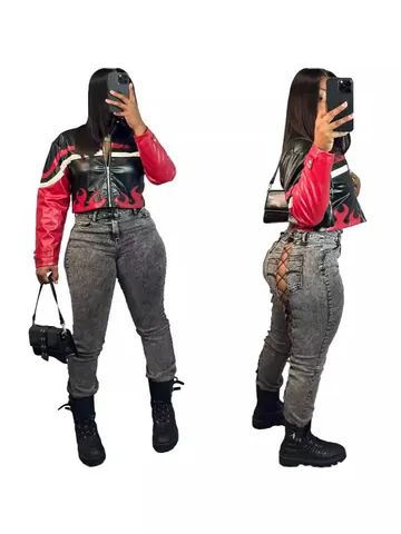 NY8180 Damen Kunstleder Moto Bikerjacke Flammenstickerei Patchwork Cropped Mantel Mit Futter Langarm Oberbekleidung