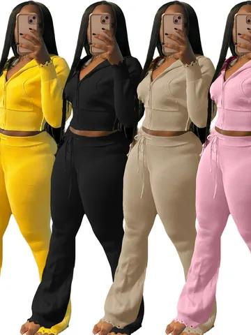 Women Knitted Tracksuit Top And Bottom Hooded Zipper Jacket And Wide Leg Pants Casual Sweatsuit For Autumn Winter