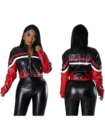NY8180 Damen Kunstleder Moto Bikerjacke Flammenstickerei Patchwork Cropped Mantel Mit Futter Langarm Oberbekleidung