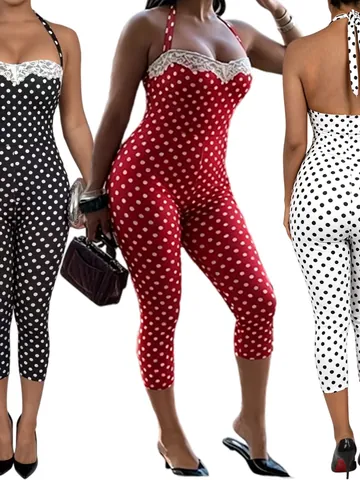 Women Sexy Polka Dot Halter Jumpsuit With Lace Trim Patchwork Backless Skinny Capri Top And Bottom One Piece Bodysuit