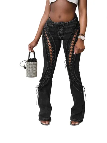 Women High Waist Eyelet Lace-up Stretchy Denim Jeans Washed Black Distressed Frayed Hem Flare Pants Streetwear Casual Bottom