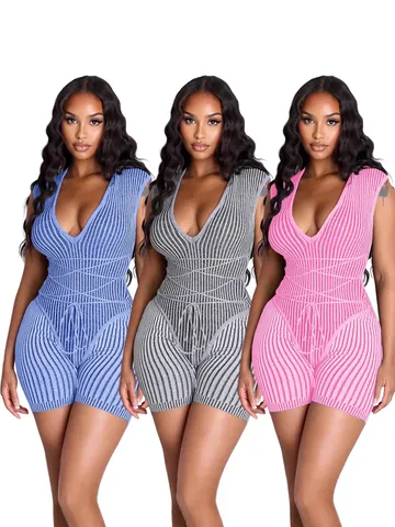 Women Sexy V Neck Sleeveless Lace-up Knit Romper Fashion Ribbed Jumpsuit Casual Summer Short Bodysuit For Women Commuting Style