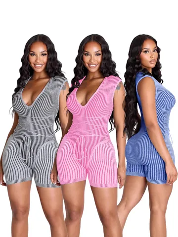 Women Sexy V Neck Sleeveless Lace-up Knit Romper Fashion Ribbed Jumpsuit Casual Summer Short Bodysuit For Women Commuting Style