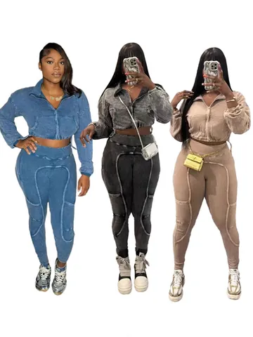 Women Acid Wash Distressed Patchwork Jacket And Pants Top And Bottom NY8185 Ribbed High Waist Streetwear Vintage Casual Outfits