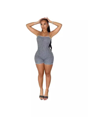 Pagliaccetto da Donna Sexy Allacciato al Collo Schiena Scoperta in Maglia a Costine Senza Maniche Bodycon Jumpsuit Tinta Unita Estate Spiaggia Festa Casual Top And Bottom