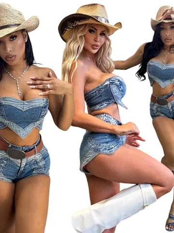 Women Sexy Heart Shape Washed Denim Two Piece Set High Elastic Polyester Tube Top And Shorts Outfit Summer Casual Western Streetwear Blue