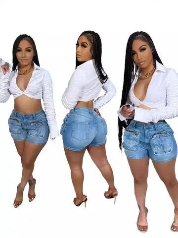 Damen High Waist Gewaschen Denim Cargo Shorts Mit 3D-Taschen Dehnbar Blau Jeans Shorts Lässig Streetwear Sommer Bottom Für Damen