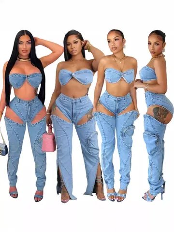 Women Sexy Washed Denim Style Polyester Top And Bottom High Waist Cut-Out Zipper Cargo Pants Tube Top Casual Streetwear Set