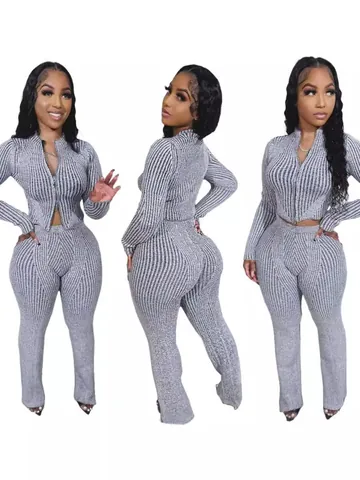 Damen Urban Casual Gestrickte Gerippte Strickjacke Top Und Passende Lange Hose Trainingsanzug Mit Zwei-Wege-Reißverschluss