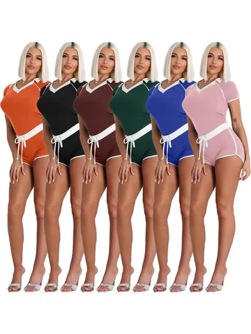 Women's V-Neck Short Sleeve Top And Shorts Set Casual Sporty Contrast Piping Yoga Outfit High Elastic Polyester Lounge Suit