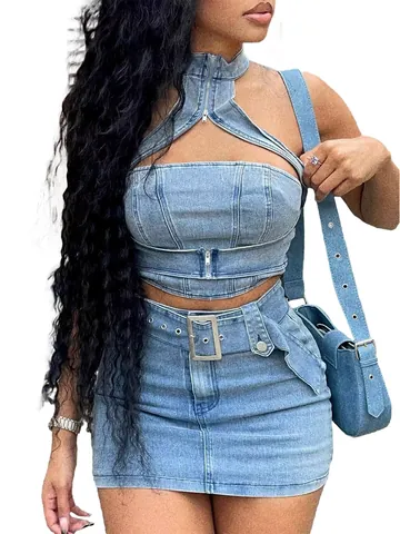 Women Sexy Halter Neck Washed Denim Top And Bottom Sleeveless Zip Up Crop Top And Mini Skirt Blue Streetwear Skirt Set
