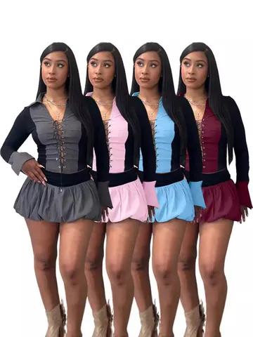 Damen Urban Sexy Schnürung Ösen Top And Bottom Set Farbblock Puffskort Mit Sicherheitsshorts Langarm Polyester Outfit
