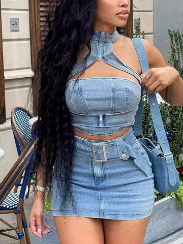 Women Sexy Halter Neck Washed Denim Top And Bottom Sleeveless Zip Up Crop Top And Mini Skirt Blue Streetwear Skirt Set