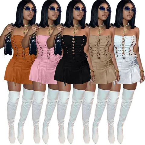 Damen Sexy Ärmellos Schnürung Hohl Mini Kleid Polyester Elasthan Falten Slim Fit Urban Mode Urban Chic Party Kleid
