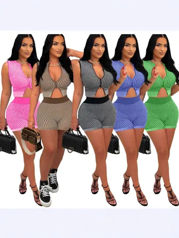 Women Sexy Ribbed Knit Top And Bottom Sleeveless Two-Way Zipper Crop Top High Waist Shorts Casual Summer Outfits