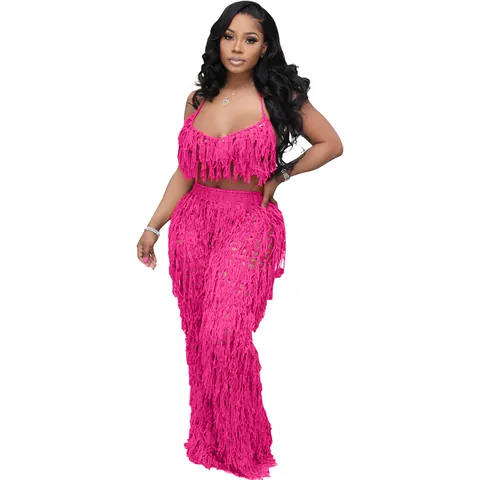 Women Sexy Hollow Out Crochet Tassel Beach Clothing Top And Bottom Sleeveless Halter Crop Top With High Waist Fringe Wide Leg Pants