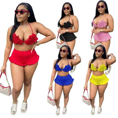 Damen Sexy Neckholder Rückenfrei Rüschen Top And Bottom Set Mode Urban Spleiß Polyester Elasthan Einfarbig Shorts-Set