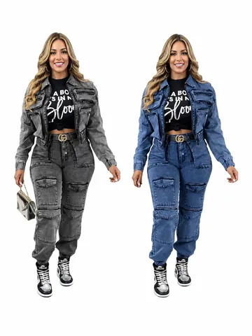 Damen Washed Denim Casual Set Hochelastische Jacke Mit Reißverschluss Und Cargohose Oberteil Und Unterteil Outfit