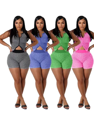 Women Sexy Ribbed Knit Top And Bottom Sleeveless Two-Way Zipper Crop Top High Waist Shorts Casual Summer Outfits