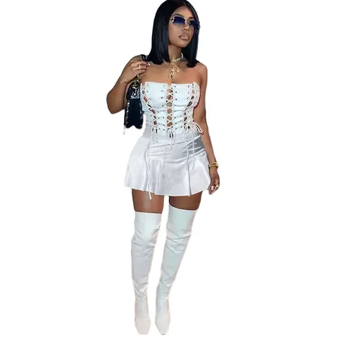 Damen Sexy Ärmellos Schnürung Hohl Mini Kleid Polyester Elasthan Falten Slim Fit Urban Mode Urban Chic Party Kleid