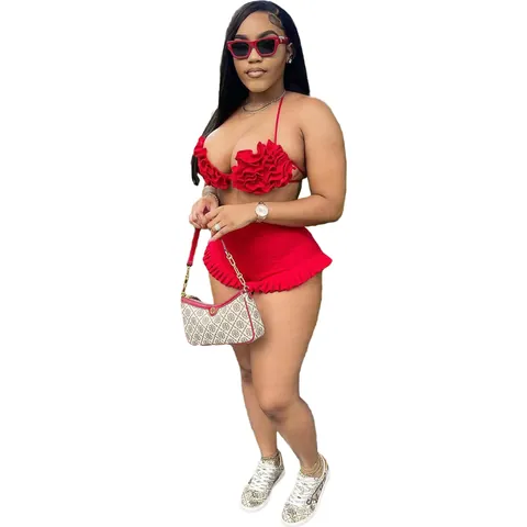 Damen Sexy Neckholder Rückenfrei Rüschen Top And Bottom Set Mode Urban Spleiß Polyester Elasthan Einfarbig Shorts-Set
