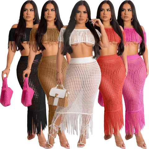 Women Sexy Hollow Out Crochet Top And Bottom Beach Set Fringe Tassel Crop Top And Skirt Vacation Outfits