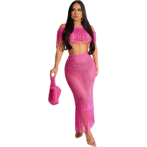 Women Sexy Hollow Out Crochet Top And Bottom Beach Set Fringe Tassel Crop Top And Skirt Vacation Outfits