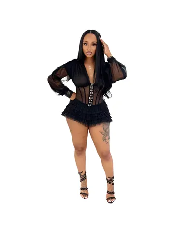 Damen Sexy Mesh-Spleißen Rüschen Romper Langarm V-Ausschnitt Korsett Bodycon Jumpsuit Party Clubwear Top And Bottom