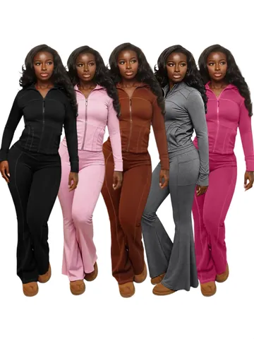 Women Sportswear Top And Bottom Set Solid Color Polyester Long Sleeve Zip Up Jacket Flare Pants Slim Fit Tracksuit