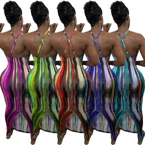 Women Sexy Tie Dye Print Maxi Dress Halter Backless Criss Cross Bodycon Long Dress Spaghetti Strap Summer Beach Party Vacation