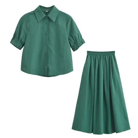 Ensemble Deux Pièces pour Femmes Chemise à Revers Manches Courtes Boutonnée et Jupe Longue Plissée Taille Haute Ligne A Vendu Séparément Tenue Décontractée Couleur Unie