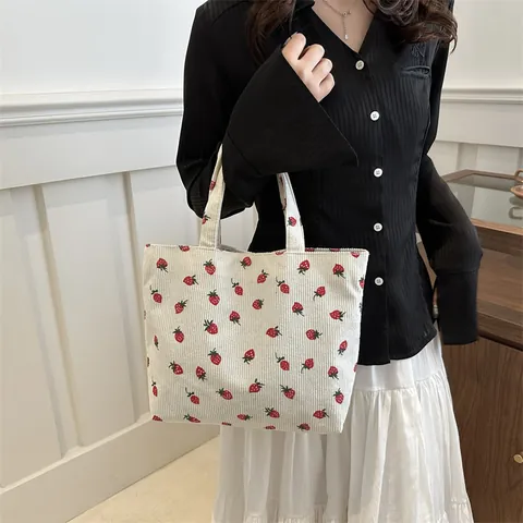 Women Japanese Aesthetic Corduroy Strawberry Print Large Capacity Tote Bag Sweet Cute Underarm Shoulder Bag School Handbag