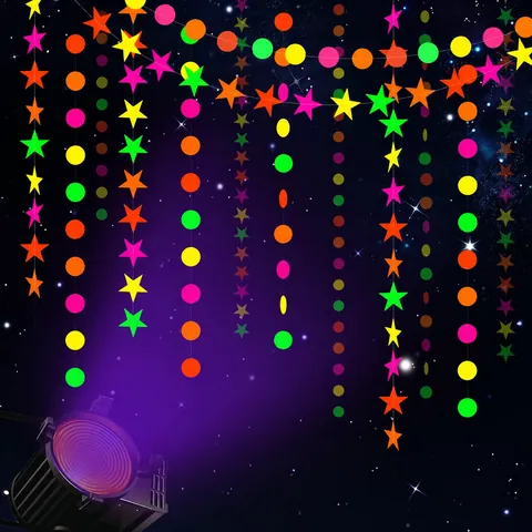 Fluorescent Paper Garland Neon Star Circle Hanging Streamers For Birthday Party Glow Theme Background Decorations Ornaments